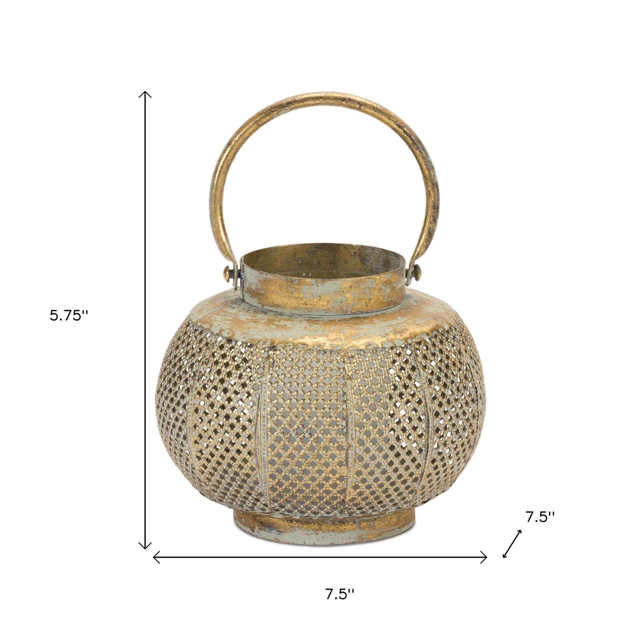 6" Bronze And Green Distressed Lattice Metal Tabletop Lantern Candle Holder-Candle Holders-DECOROLALA