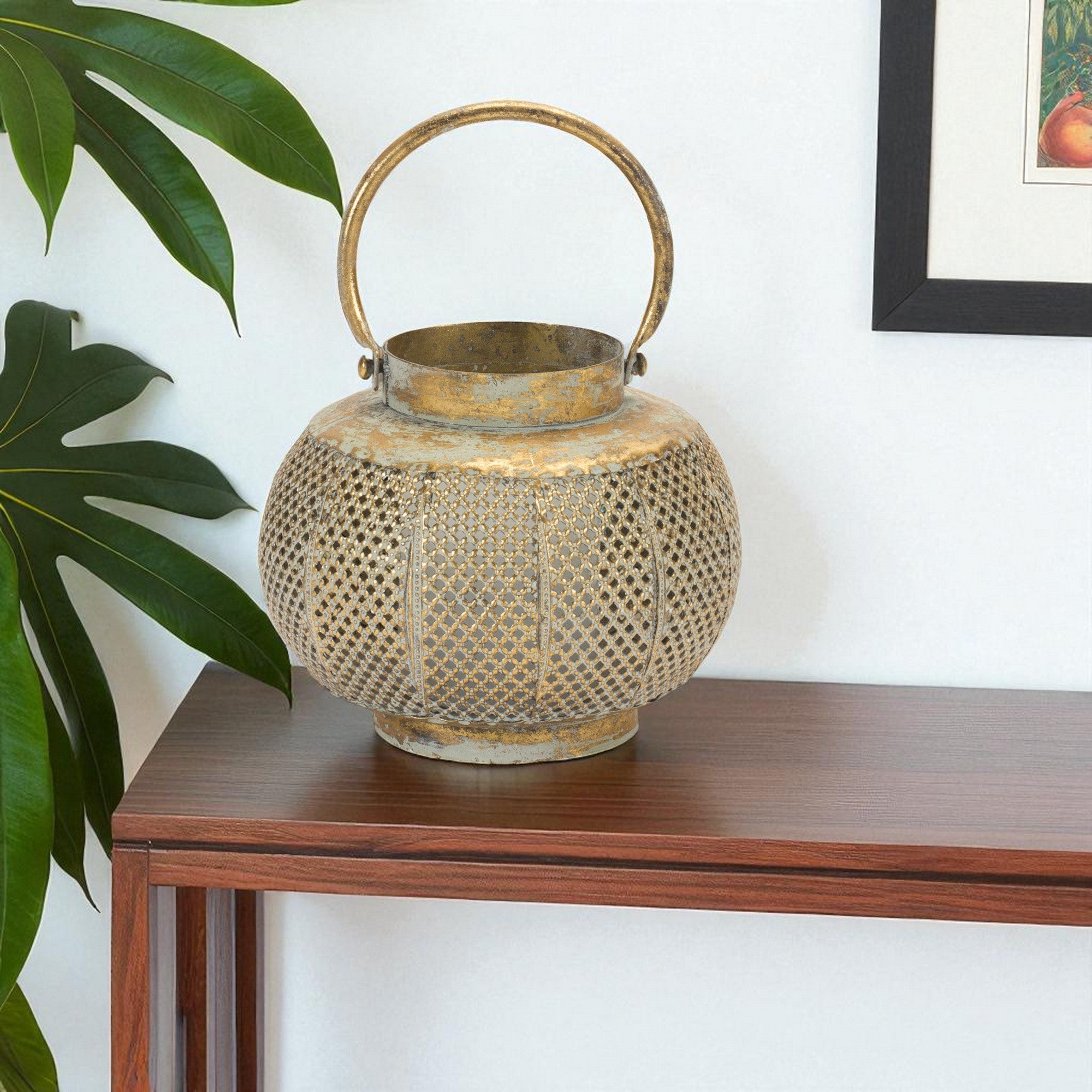 6" Bronze And Green Distressed Lattice Metal Tabletop Lantern Candle Holder-Candle Holders-DECOROLALA