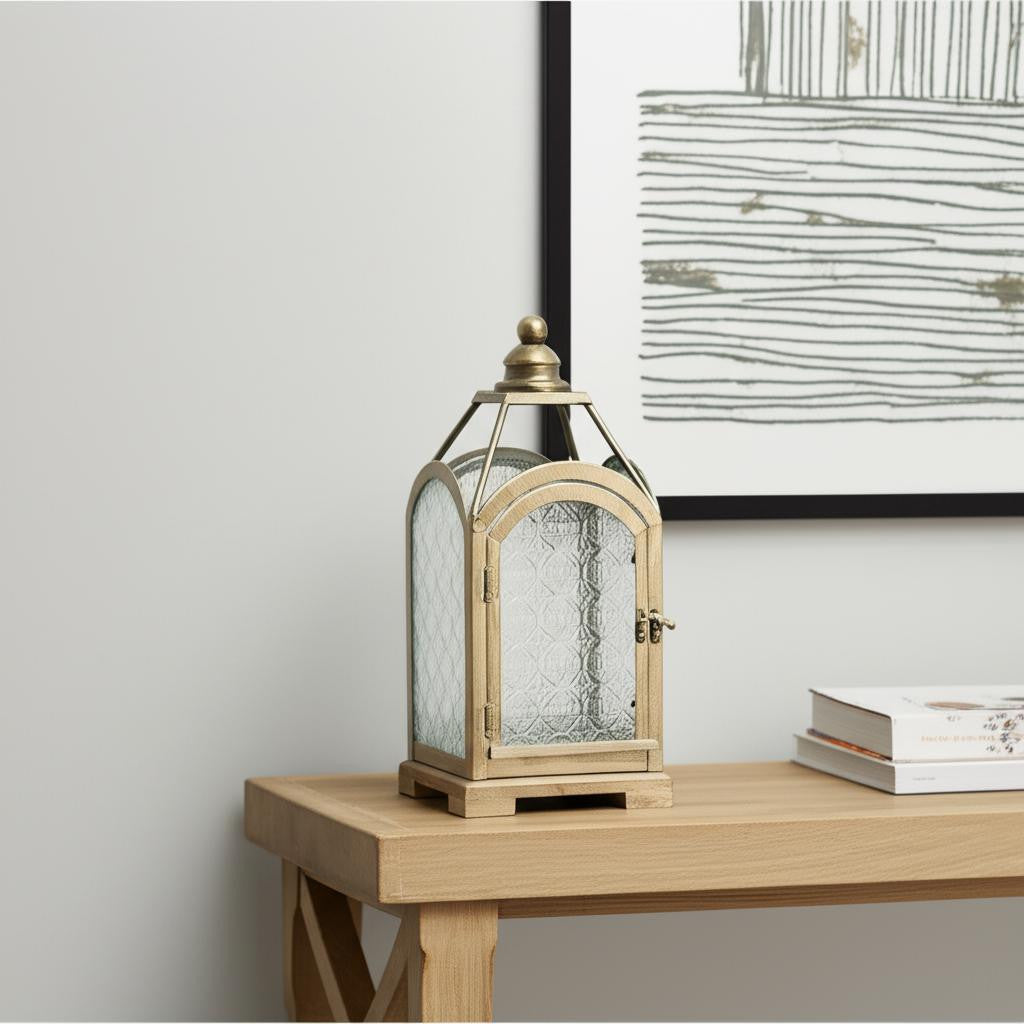 16" Pewter Textured Glass And Metal Centerpiece Lantern Candle Holder-Candle Holders-DECOROLALA