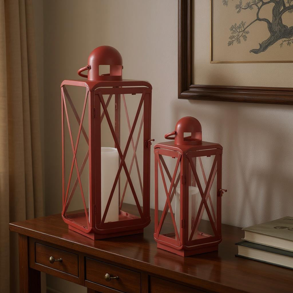 Set of Two Red Geometric Metal Centerpiece Lantern Candle Holders-Candle Holders-DECOROLALA