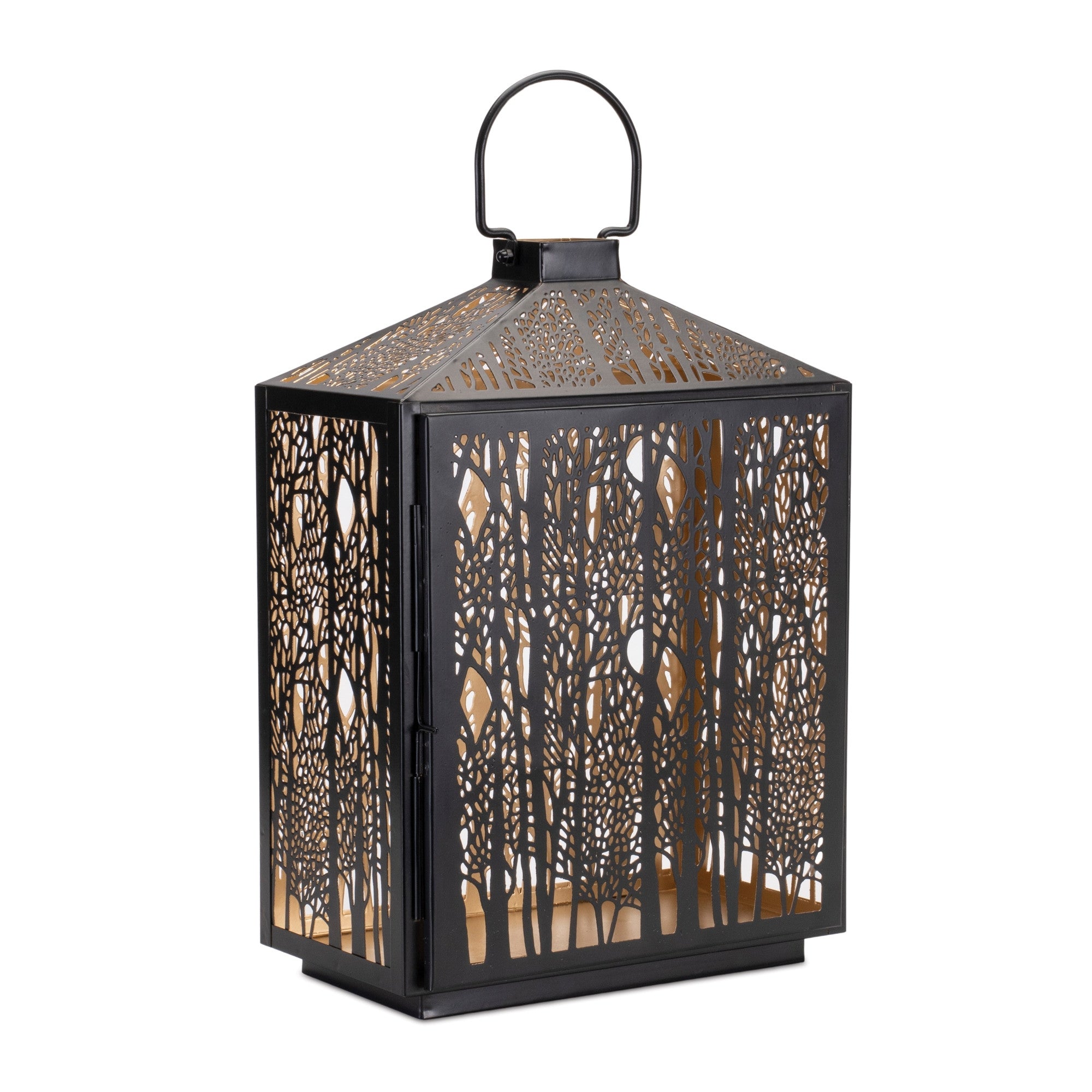 16" Black And Gold Pierced Floral Metal Lantern Candle Holder-Candle Holders-DECOROLALA
