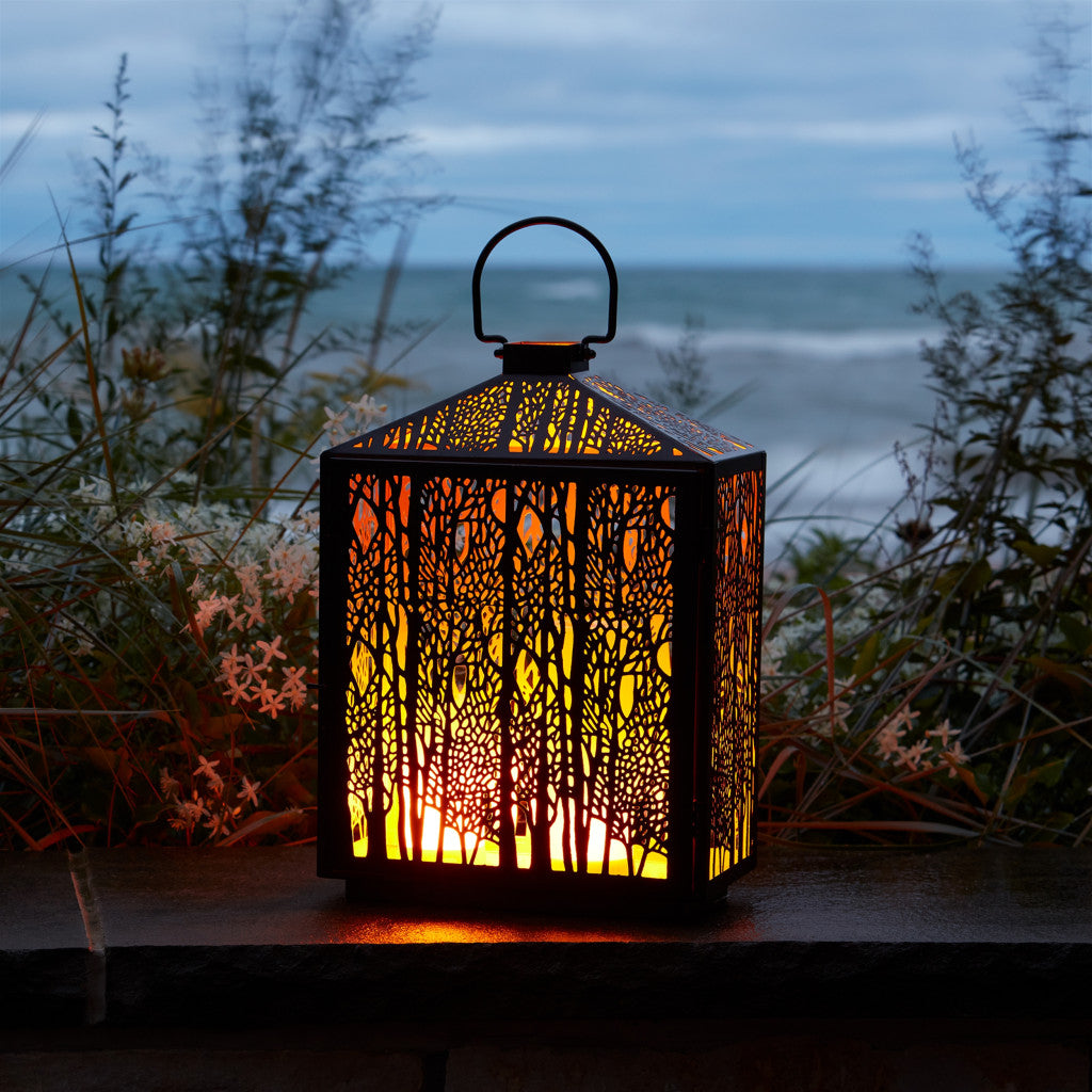 16" Black And Gold Pierced Floral Metal Lantern Candle Holder-Candle Holders-DECOROLALA