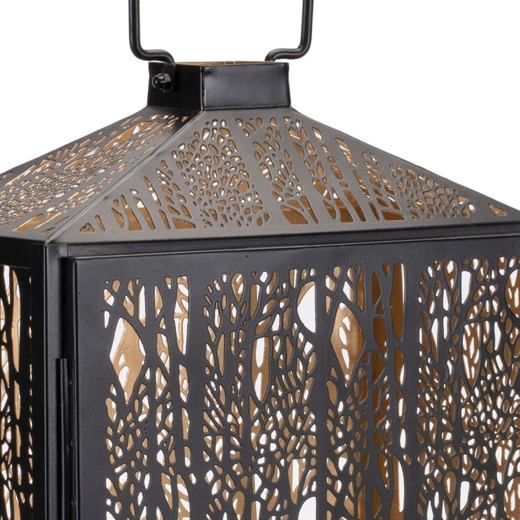 16" Black And Gold Pierced Floral Metal Lantern Candle Holder-Candle Holders-DECOROLALA