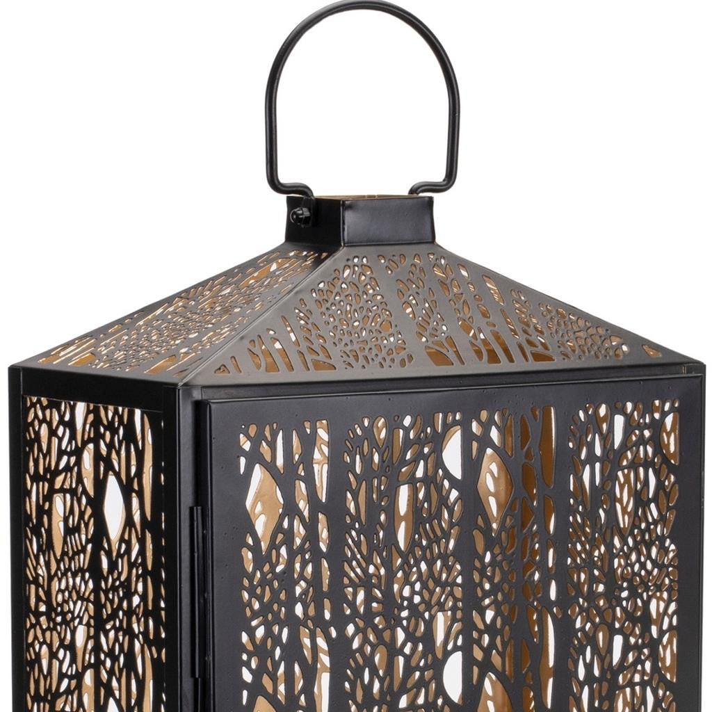 16" Black And Gold Pierced Floral Metal Lantern Candle Holder-Candle Holders-DECOROLALA