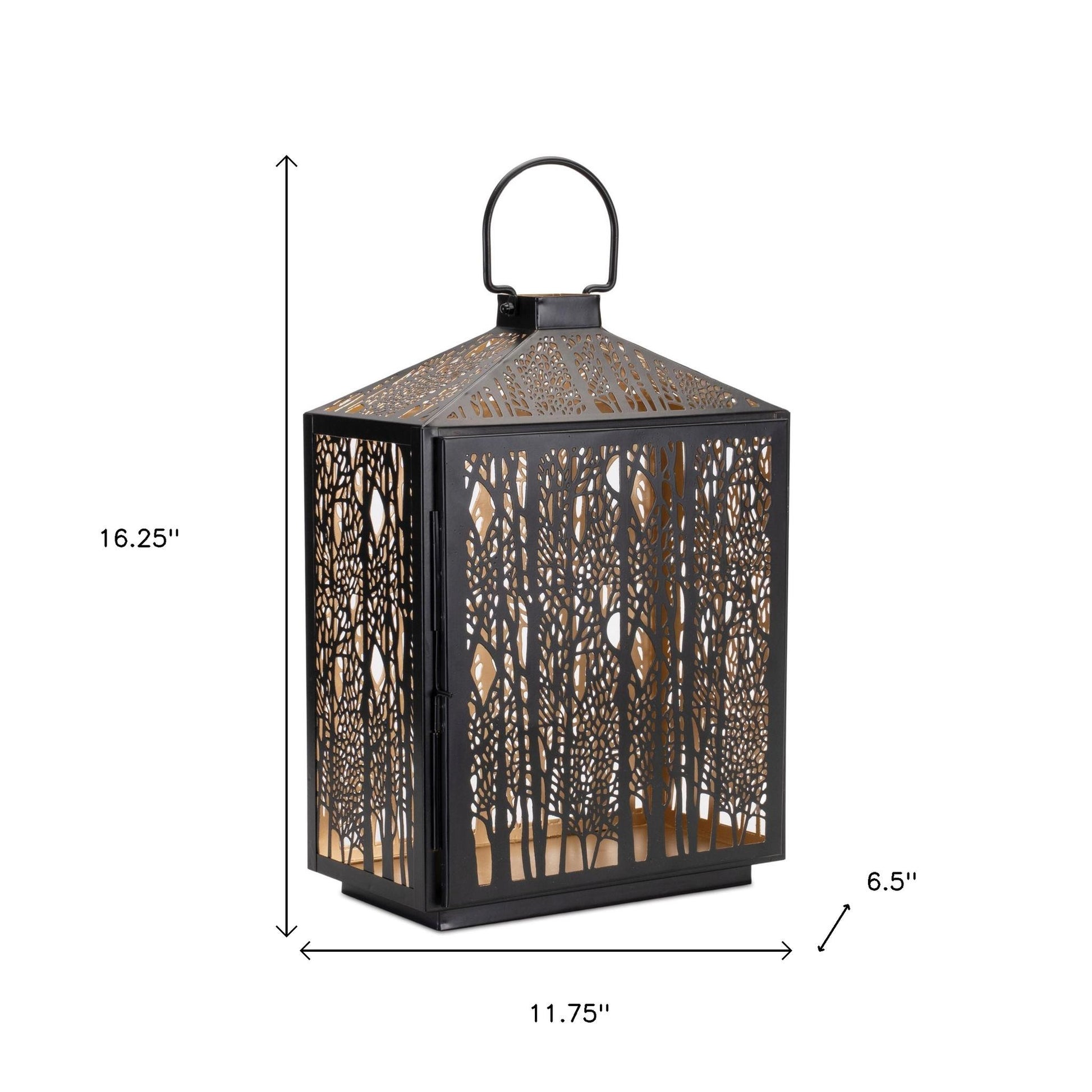 16" Black And Gold Pierced Floral Metal Lantern Candle Holder-Candle Holders-DECOROLALA