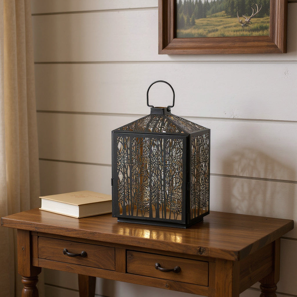 16" Black And Gold Pierced Floral Metal Lantern Candle Holder-Candle Holders-DECOROLALA