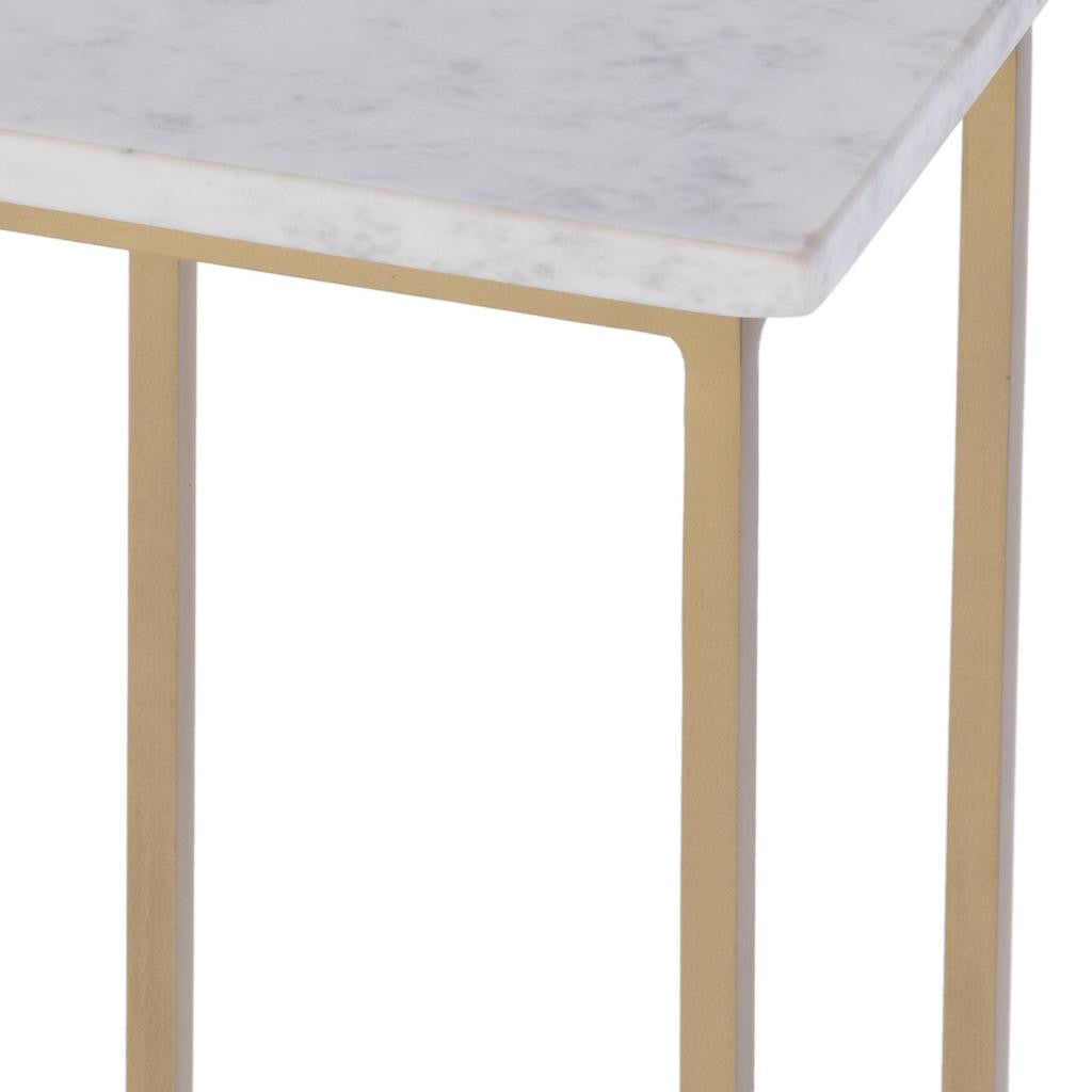 21" White and Gold Distressed Marble and Iron Square End Table-End-Side Tables-DECOROLALA