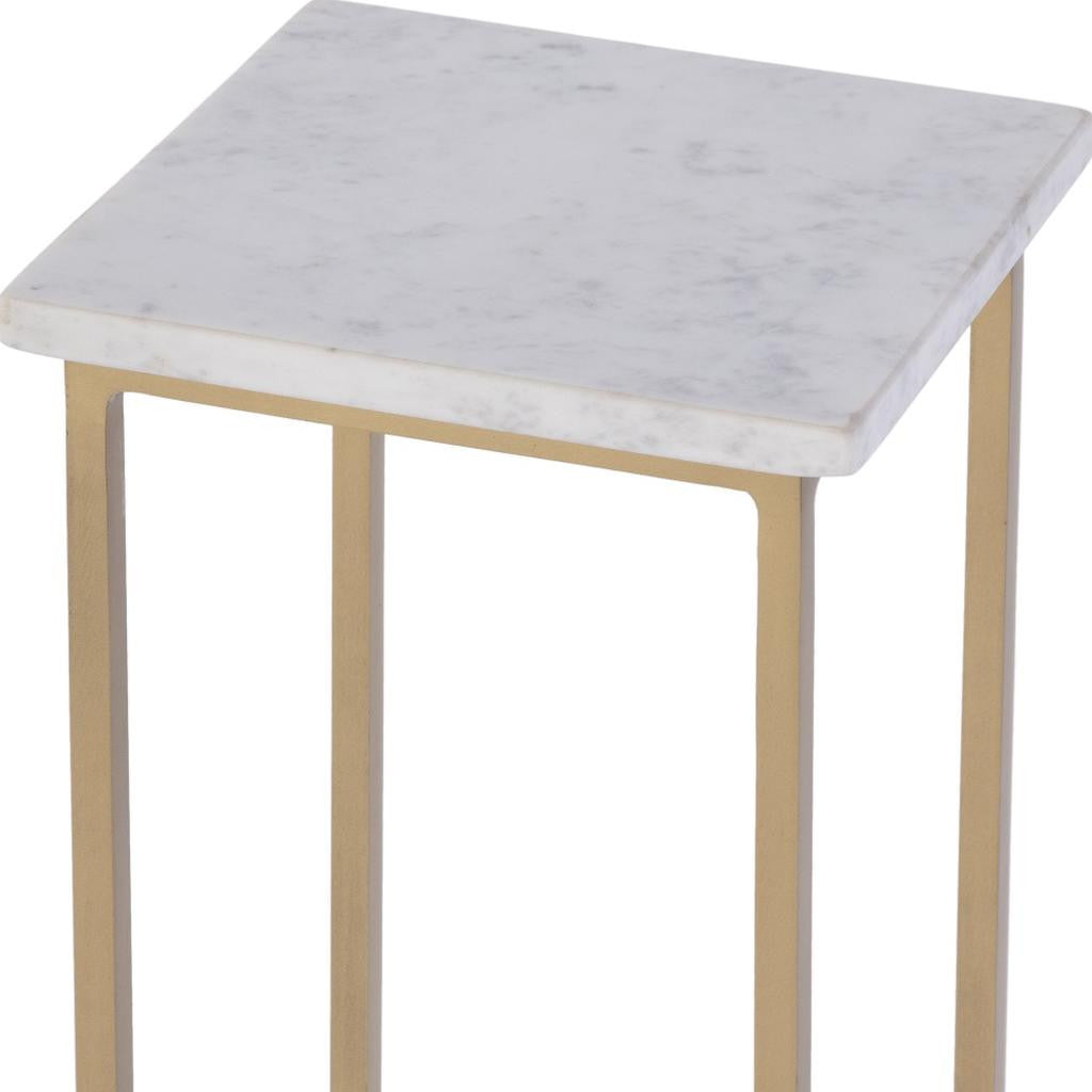 21" White and Gold Distressed Marble and Iron Square End Table-End-Side Tables-DECOROLALA