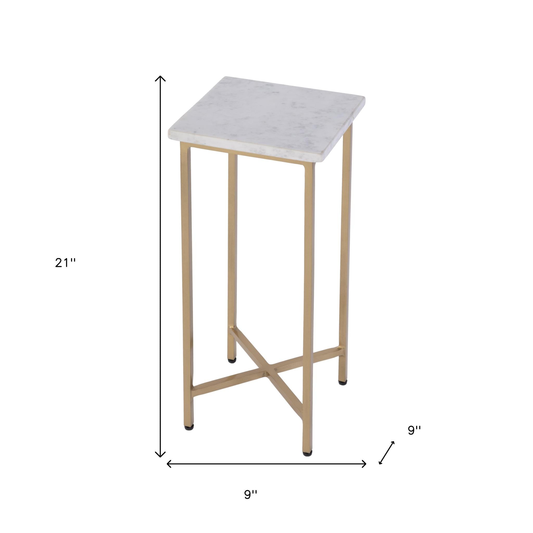 21" White and Gold Distressed Marble and Iron Square End Table-End-Side Tables-DECOROLALA
