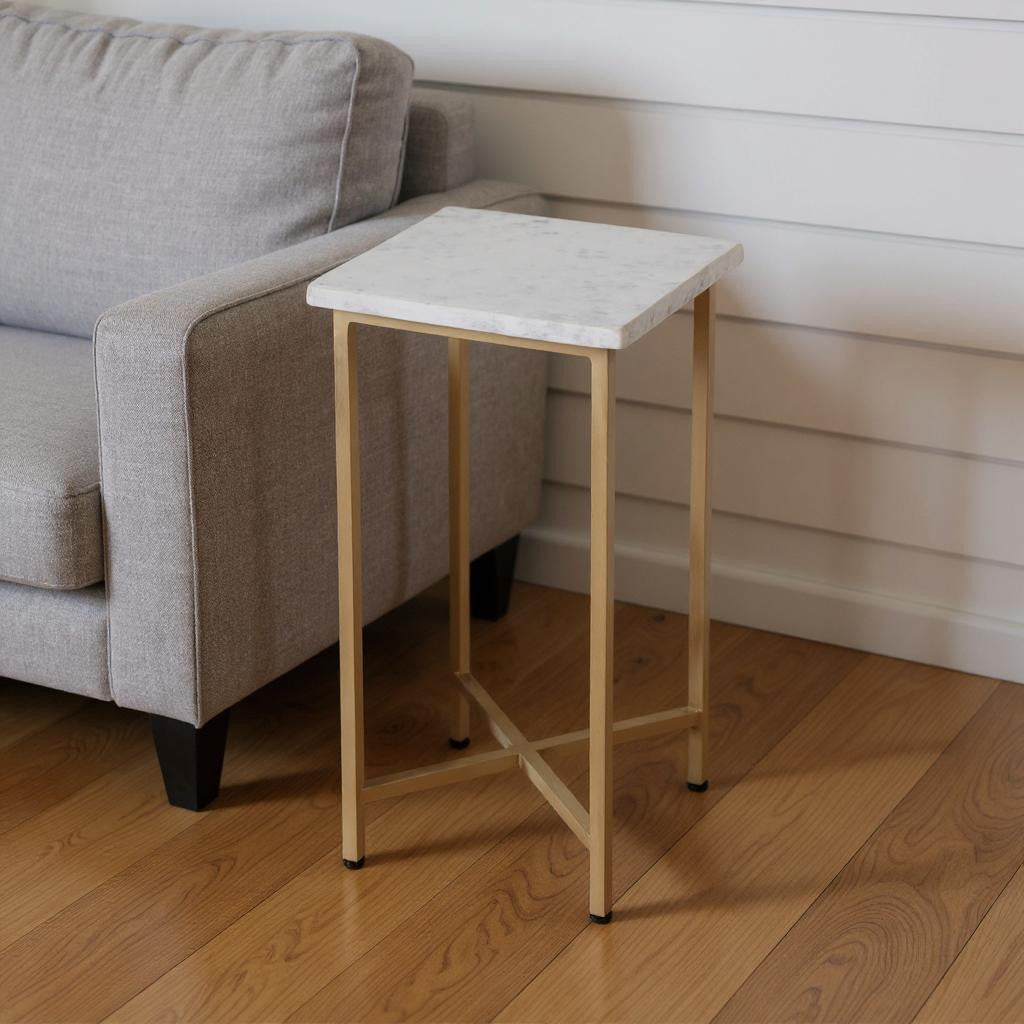 21" White and Gold Distressed Marble and Iron Square End Table-End-Side Tables-DECOROLALA