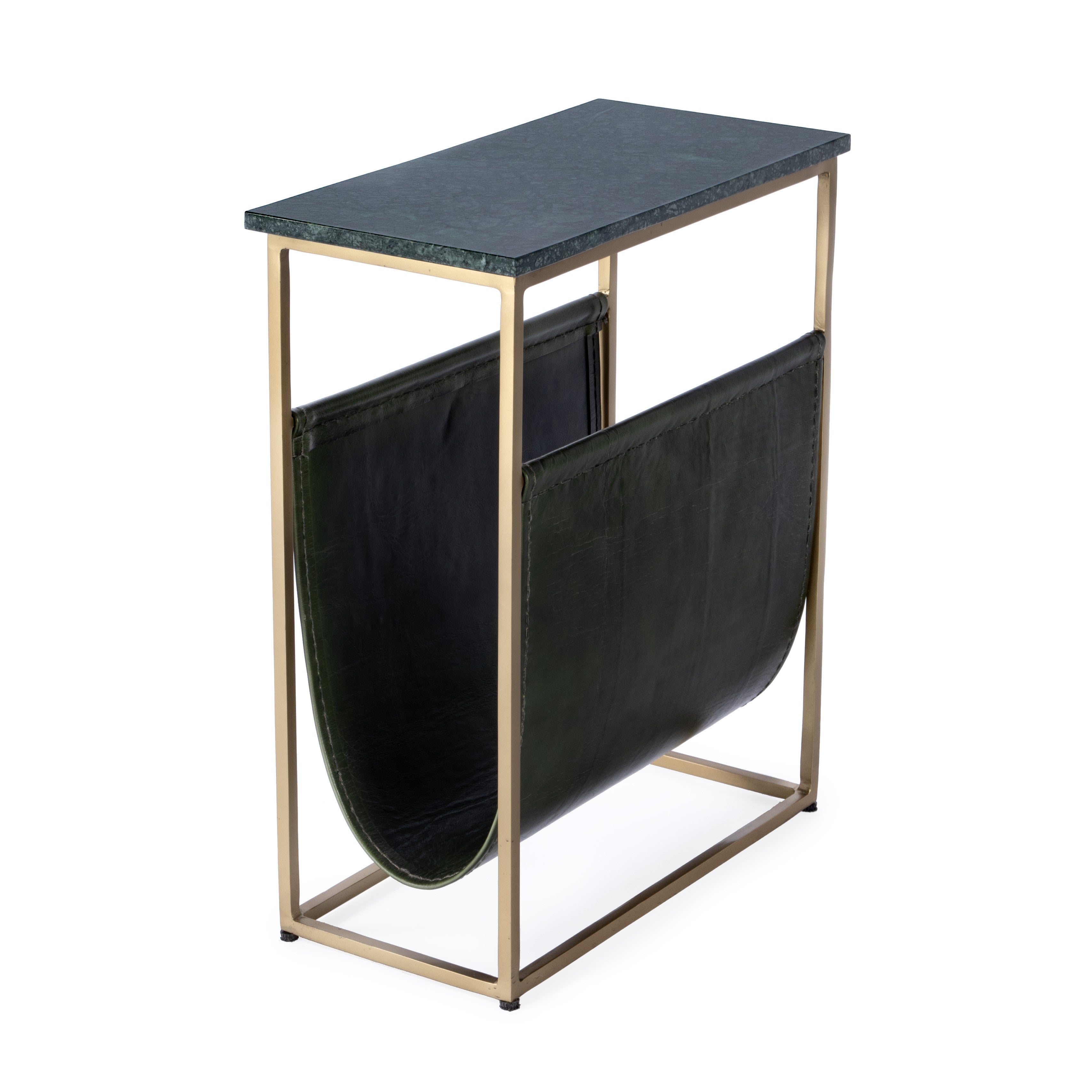 22" Green and Gold Marble and Iron Frame End Table With Magazine Holder-End-Side Tables-DECOROLALA