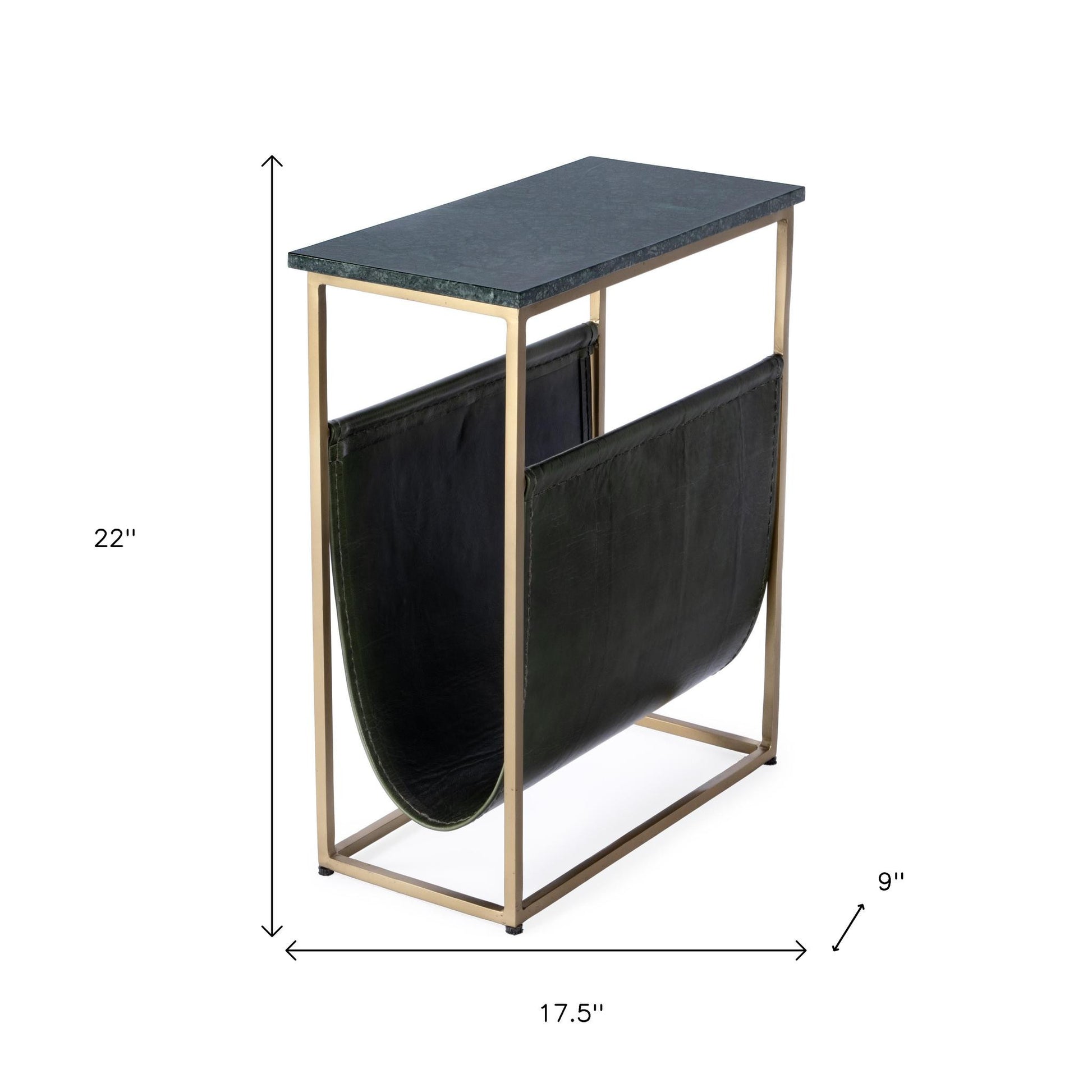 22" Green and Gold Marble and Iron Frame End Table With Magazine Holder-End-Side Tables-DECOROLALA