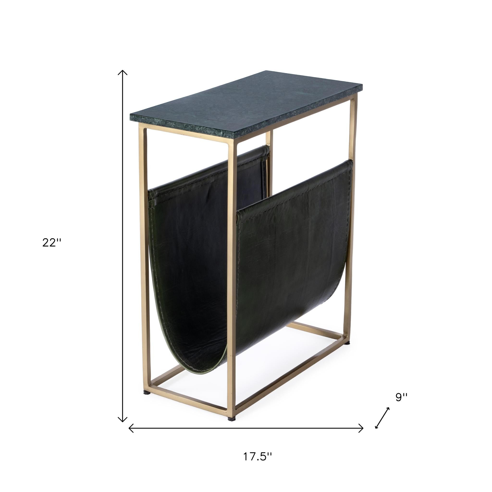 22" Green and Gold Marble and Iron Frame End Table With Magazine Holder-End-Side Tables-DECOROLALA