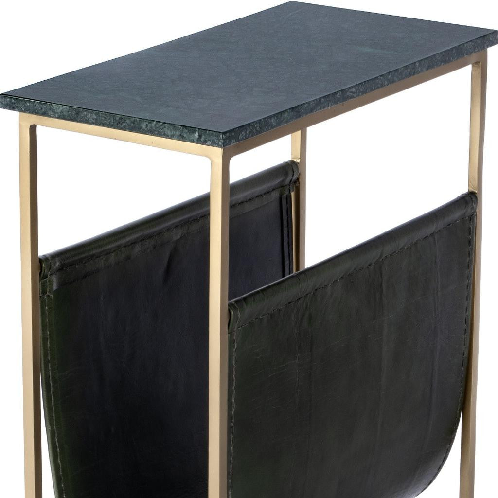 22" Green and Gold Marble and Iron Frame End Table With Magazine Holder-End-Side Tables-DECOROLALA