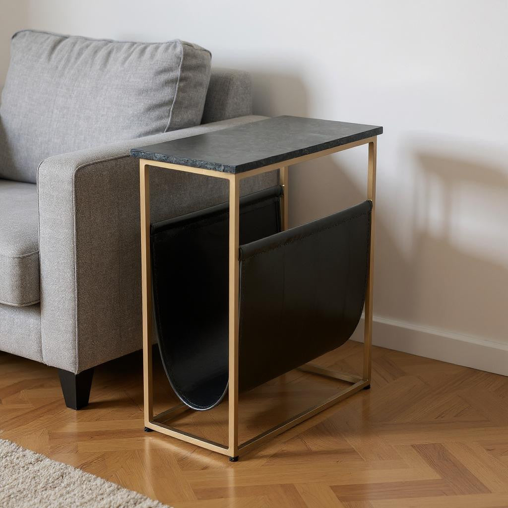 22" Green and Gold Marble and Iron Frame End Table With Magazine Holder-End-Side Tables-DECOROLALA