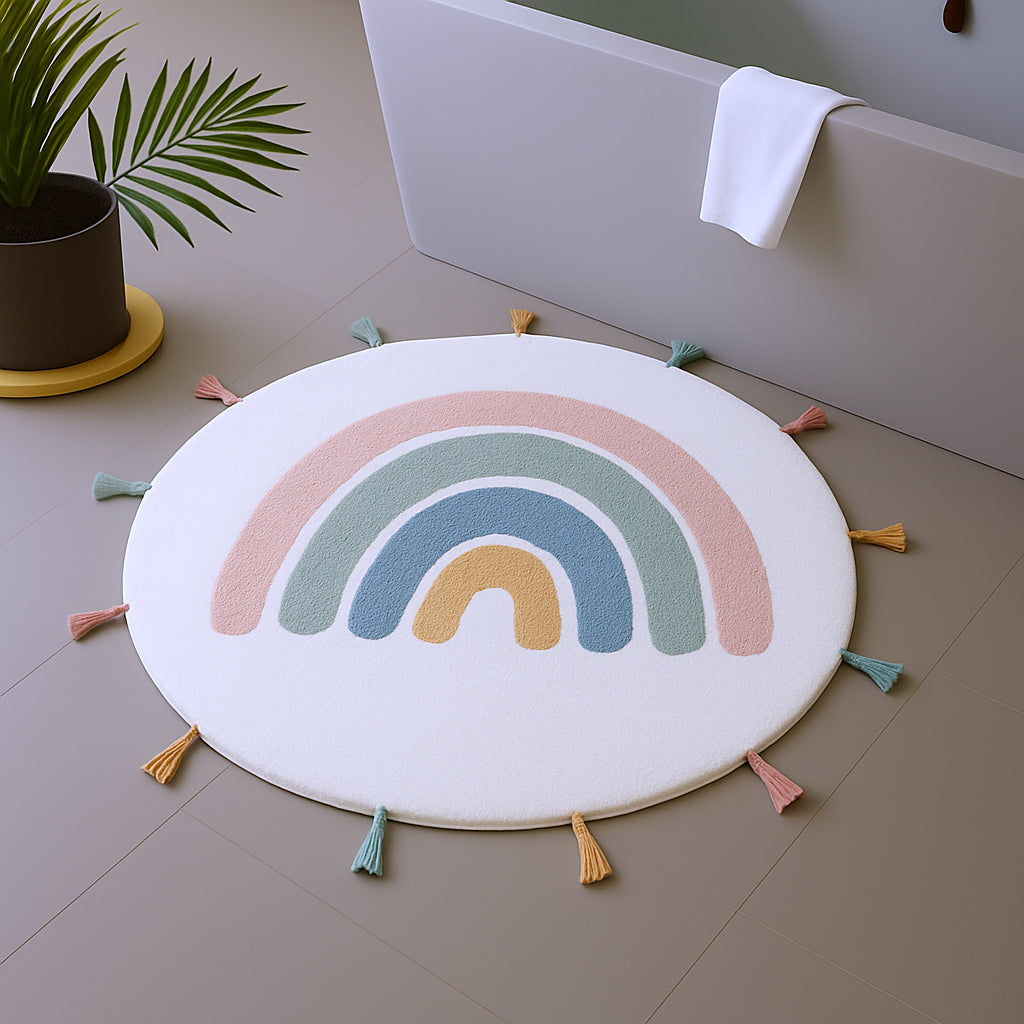 32" White Blue And Pink Cotton Rainbows Round Youthful Bath Rug-1