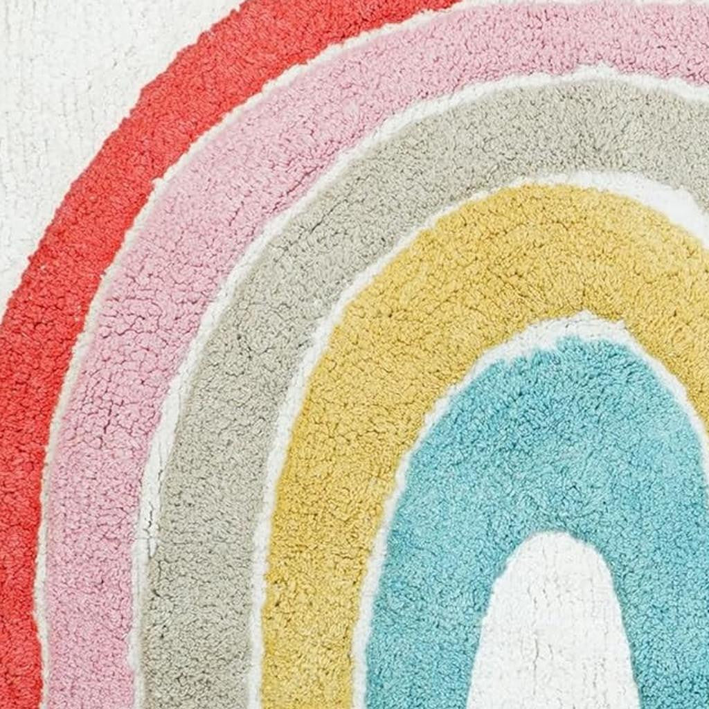 32" White Pink And Yellow Cotton Rainbows Round Youthful Bath Rug-Bath Rugs-DECOROLALA