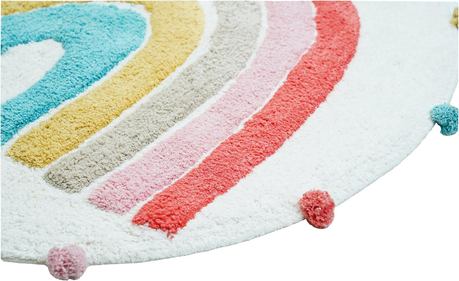 32" White Pink And Yellow Cotton Rainbows Round Youthful Bath Rug-Bath Rugs-DECOROLALA