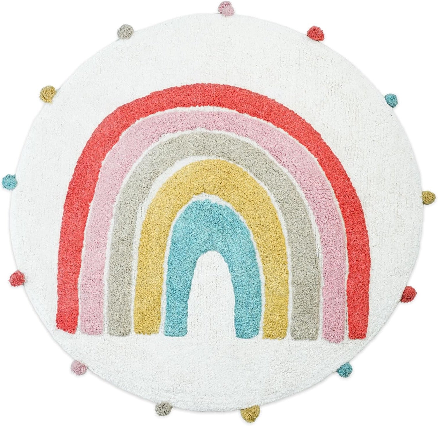 32" White Pink And Yellow Cotton Rainbows Round Youthful Bath Rug-Bath Rugs-DECOROLALA