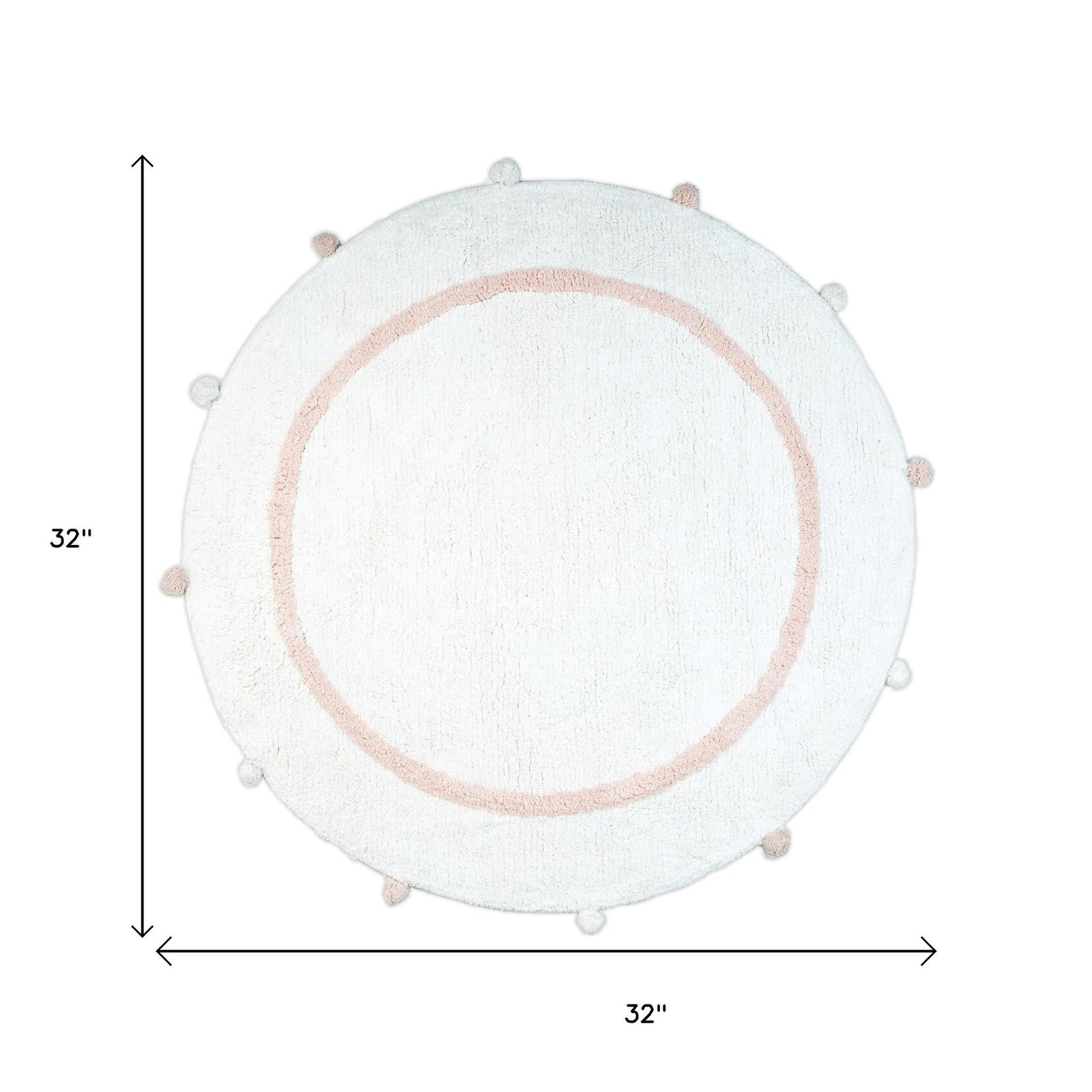 32" Light Pink And White Cotton Round Geometric Bath Rug-5