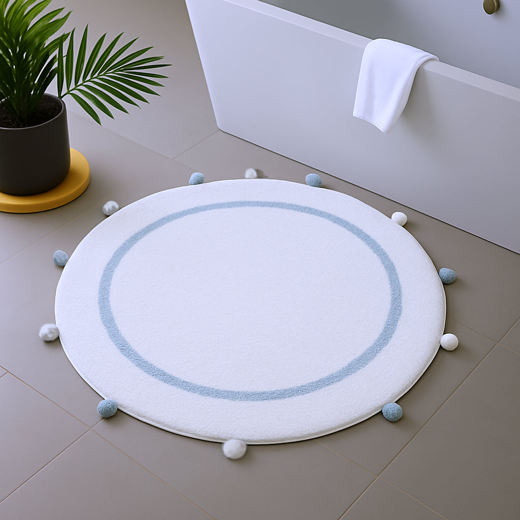 32" Baby Blue And White Cotton Round Geometric Bath Rug-1