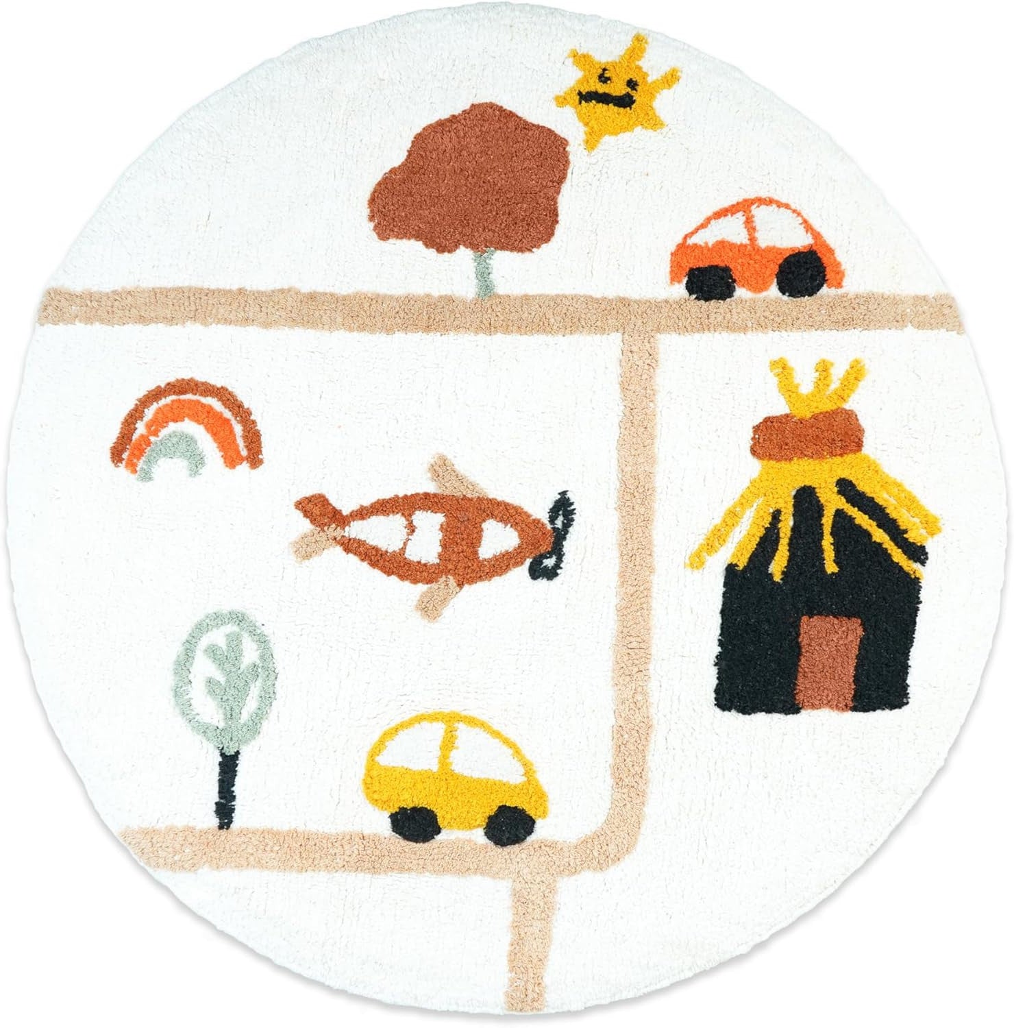 32" White Yellow And Red Cotton Cars Round Youthful Bath Rug-2
