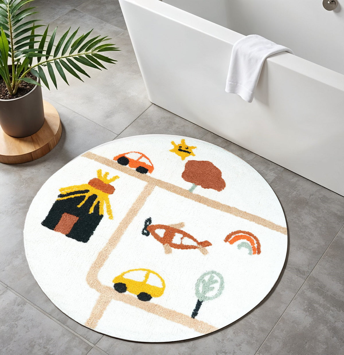 32" White Yellow And Red Cotton Cars Round Youthful Bath Rug-0