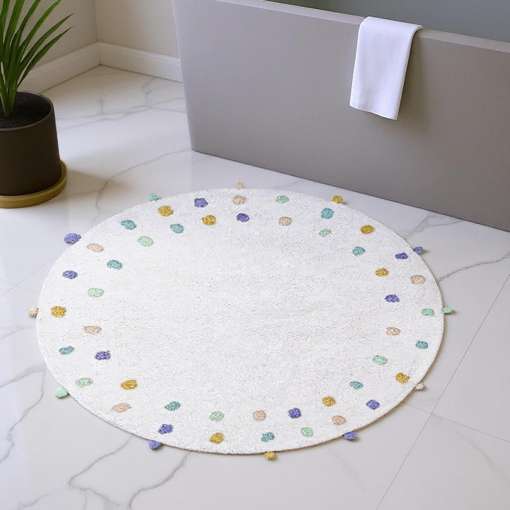 32" Green Purple And White Cotton Round Polka Dots Bath Rug-1