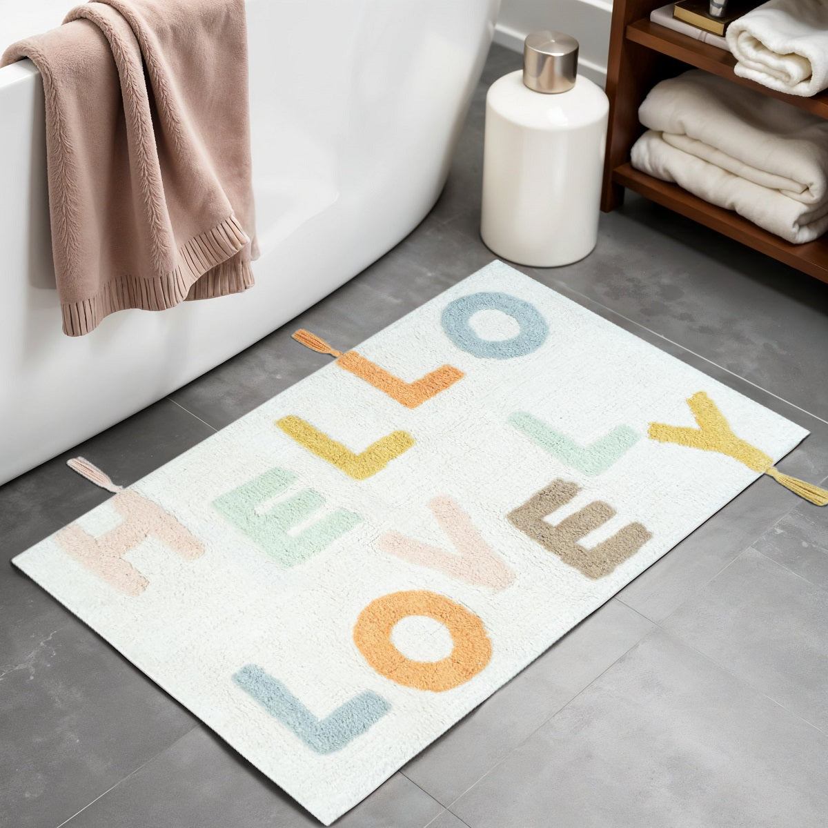 32" Blue White And Yellow Cotton Hello Lovely Youthful Bath Rug-0