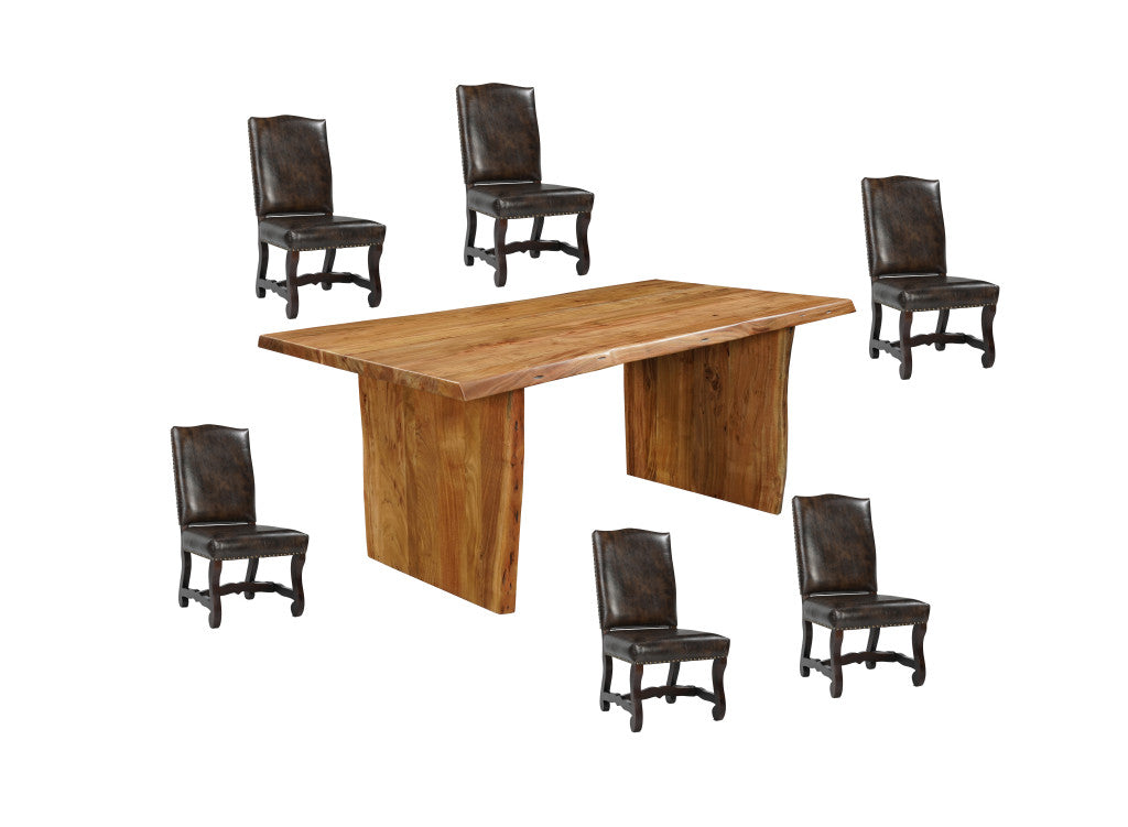 Seven Piece Brown Solid Wood Dining Set with Six Chairs-Dining Sets-DECOROLALA
