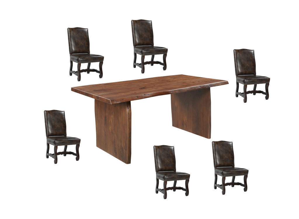 Seven Piece Brown Solid Wood Dining Set with Six Chairs-Dining Sets-DECOROLALA