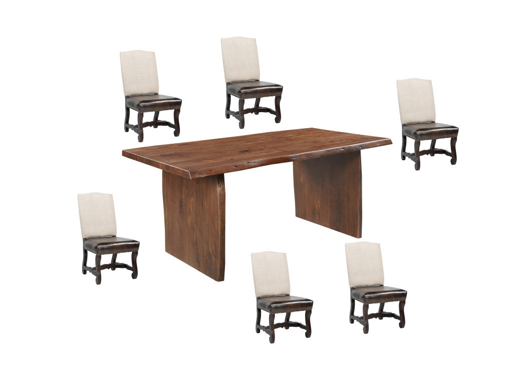 Seven Piece Brown Solid Wood Dining Set with Six Chairs-Dining Sets-DECOROLALA