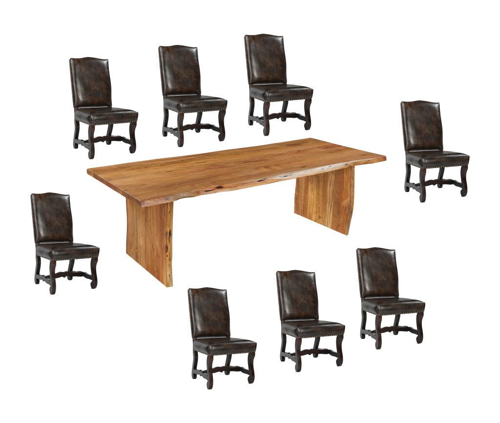 Nine Piece Brown Solid Wood Dining Set with Eight Chairs-Dining Sets-DECOROLALA