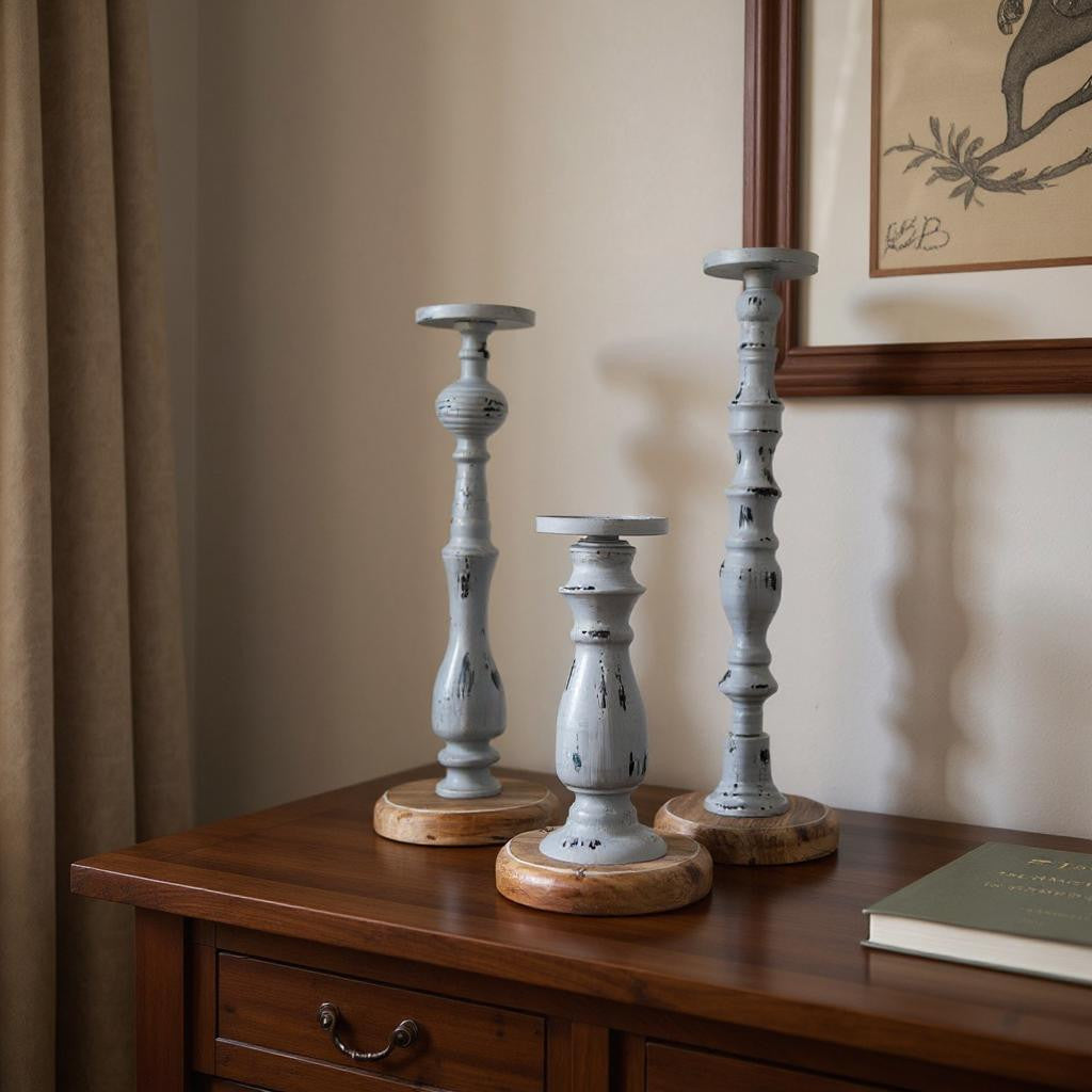 Set of Three Gray Distressed Wood Tabletop Pillar Candle Holders-Candle Holders-DECOROLALA