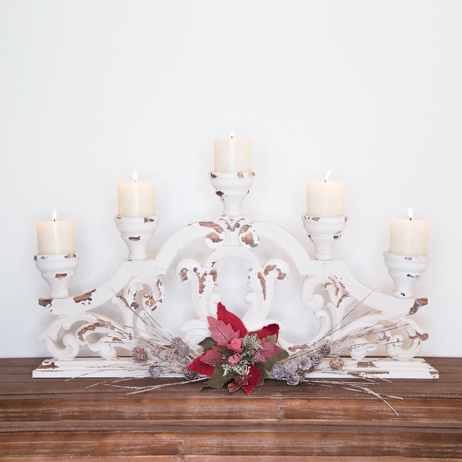 34" White Distressed Wood Tabletop Five Light Candelabra-Candle Holders-DECOROLALA