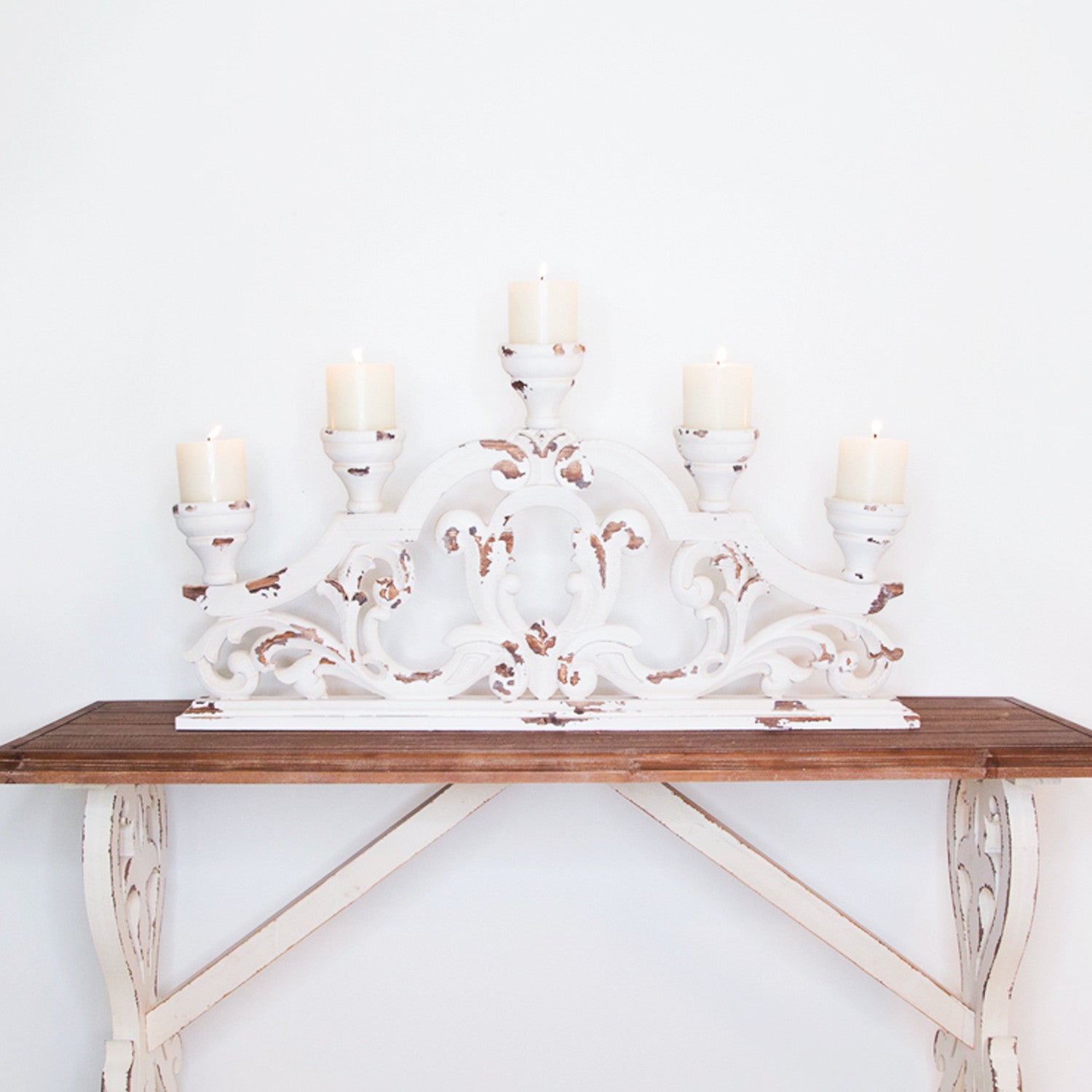 34" White Distressed Wood Tabletop Five Light Candelabra-Candle Holders-DECOROLALA