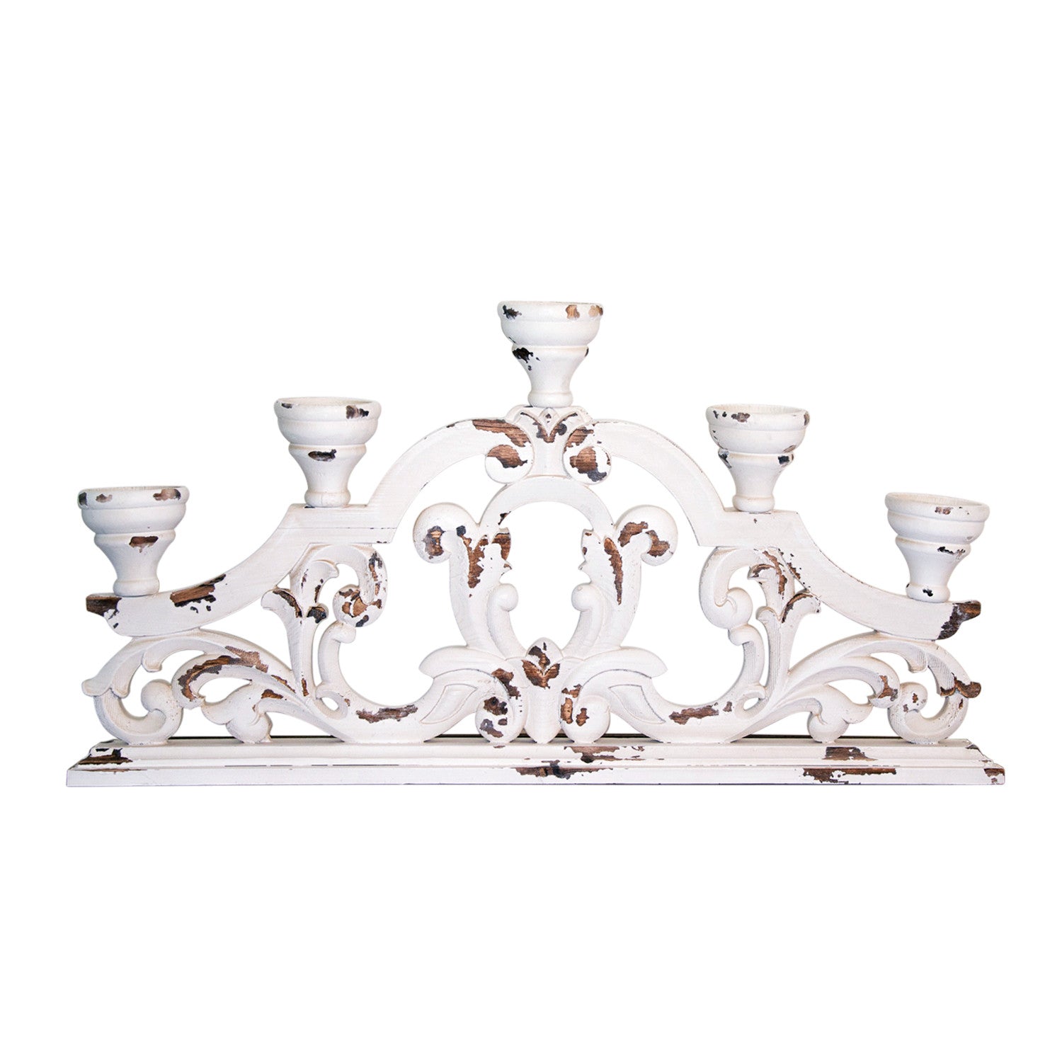 34" White Distressed Wood Tabletop Five Light Candelabra-Candle Holders-DECOROLALA