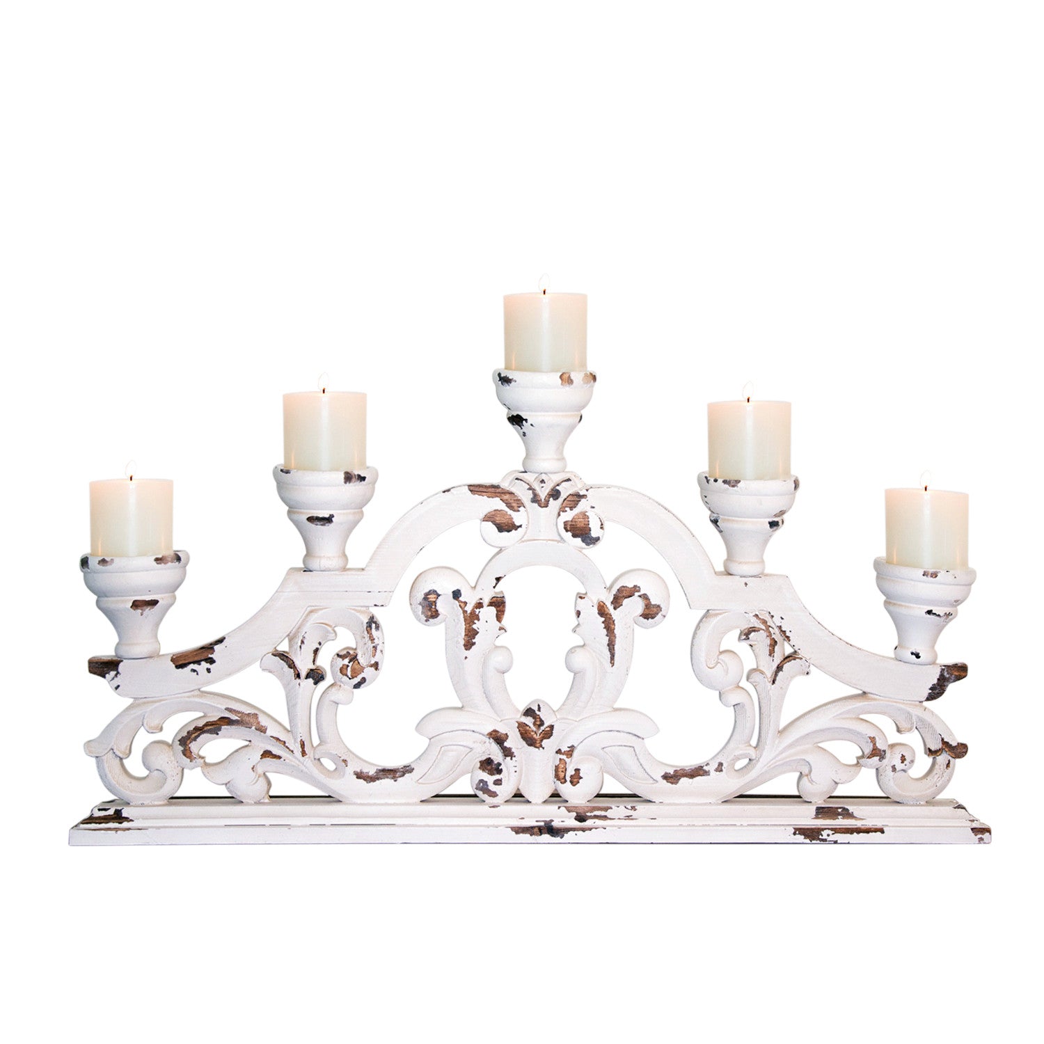 34" White Distressed Wood Tabletop Five Light Candelabra-Candle Holders-DECOROLALA