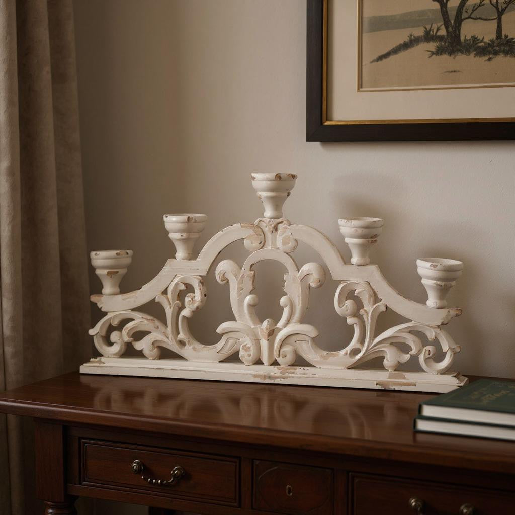 34" White Distressed Wood Tabletop Five Light Candelabra-Candle Holders-DECOROLALA