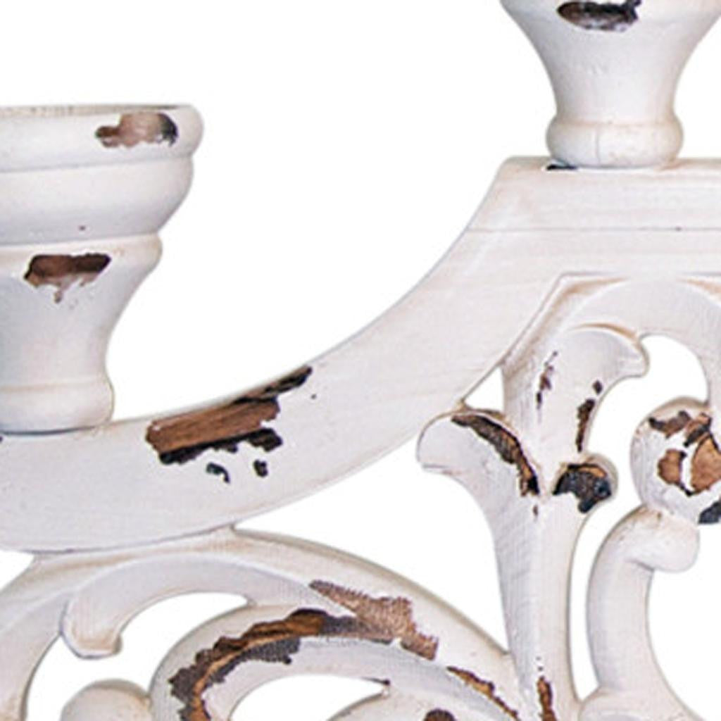 34" White Distressed Wood Tabletop Five Light Candelabra-Candle Holders-DECOROLALA