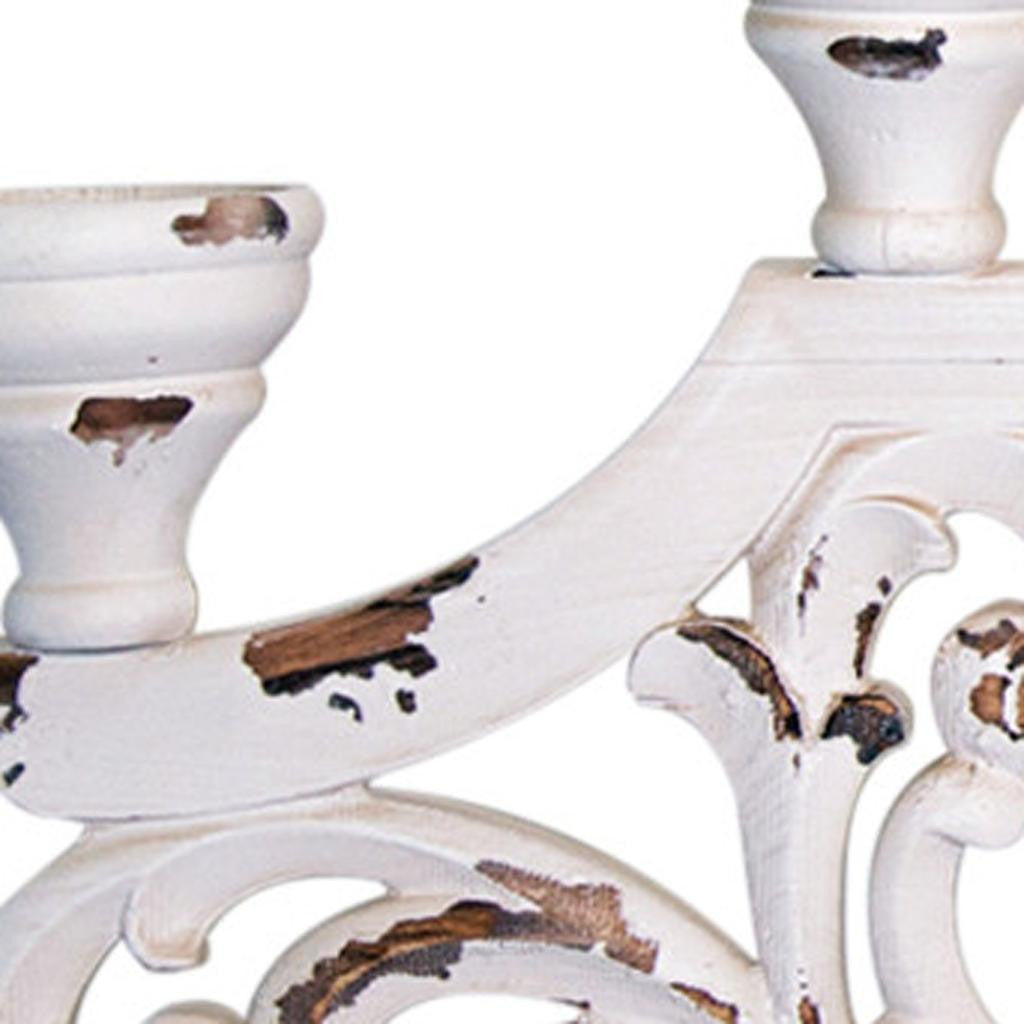 34" White Distressed Wood Tabletop Five Light Candelabra-Candle Holders-DECOROLALA