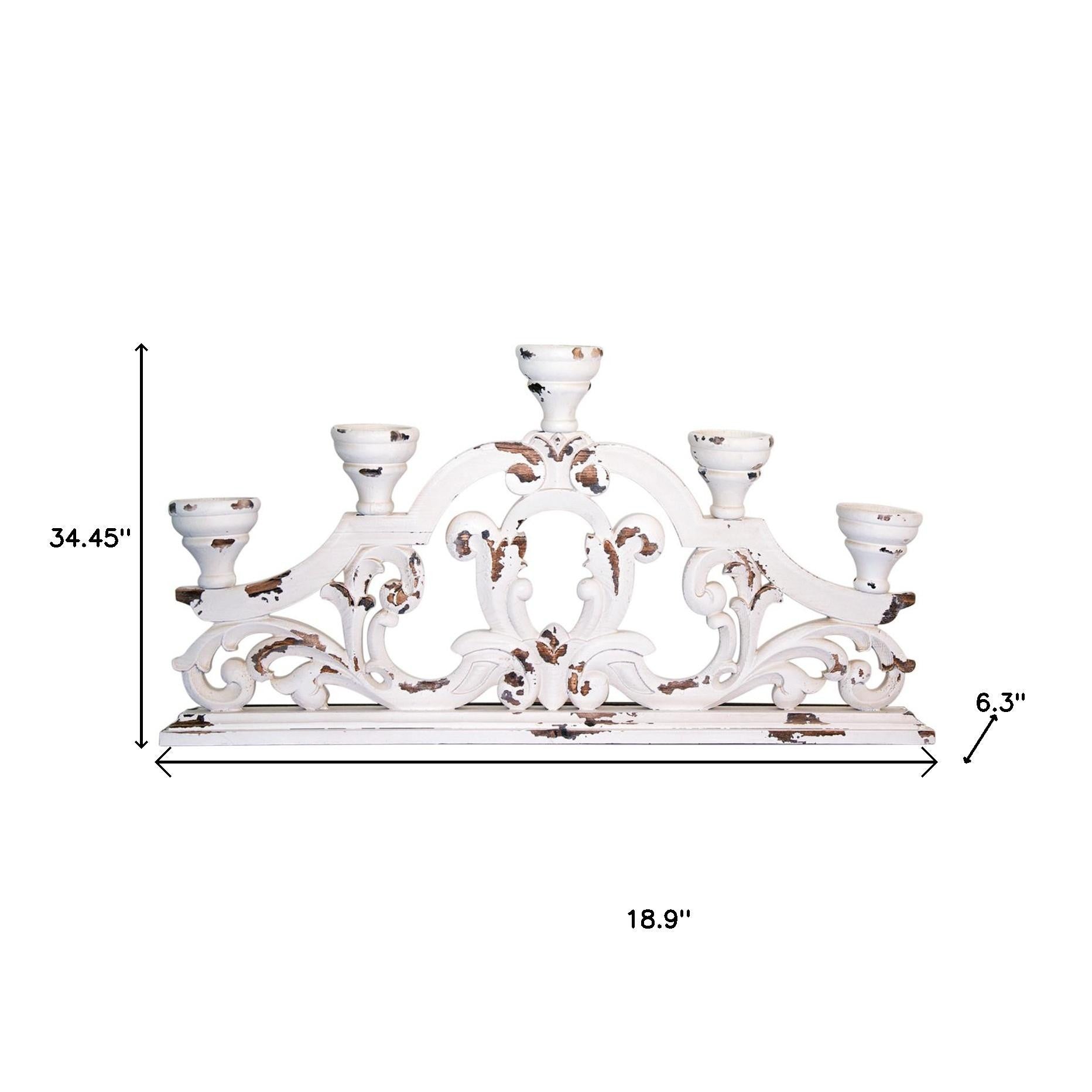 34" White Distressed Wood Tabletop Five Light Candelabra-Candle Holders-DECOROLALA