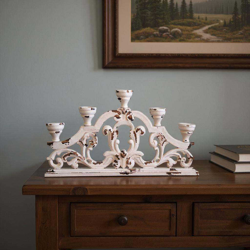 34" White Distressed Wood Tabletop Five Light Candelabra-Candle Holders-DECOROLALA