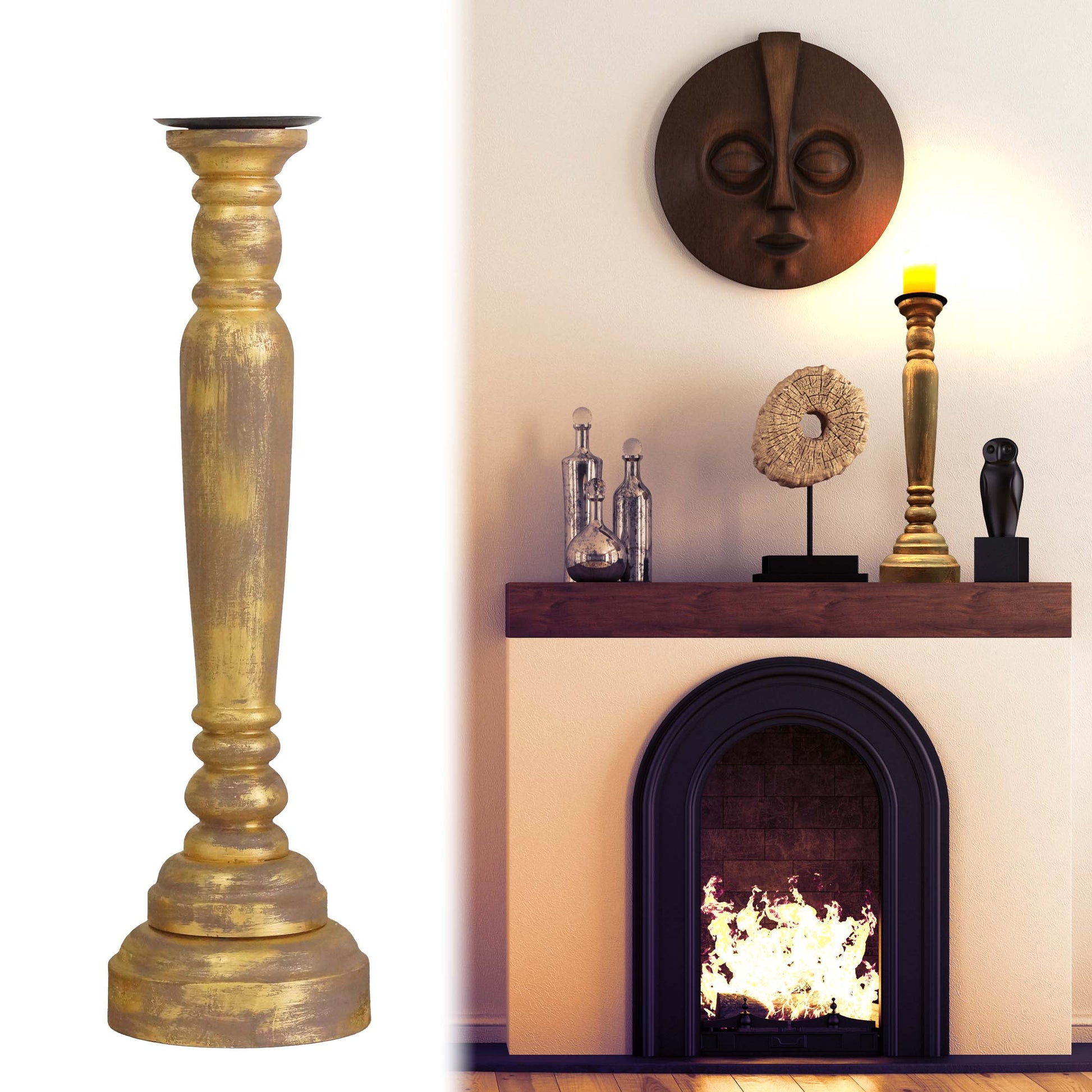 29" Gold Distressed Solid Wood Tabletop Taper Candlestick-Candle Holders-DECOROLALA