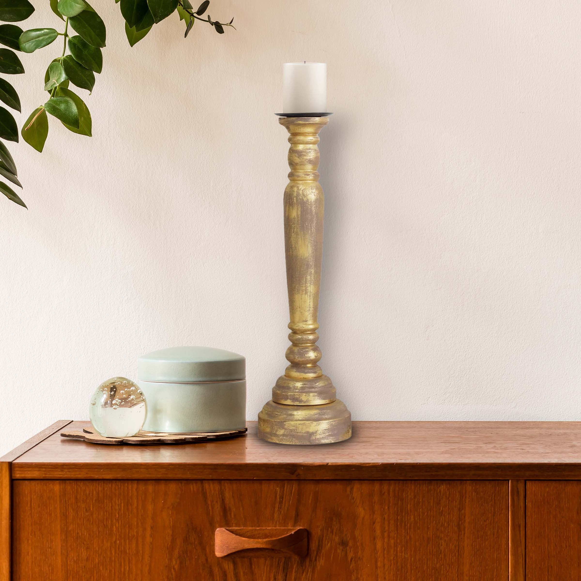 29" Gold Distressed Solid Wood Tabletop Taper Candlestick-Candle Holders-DECOROLALA