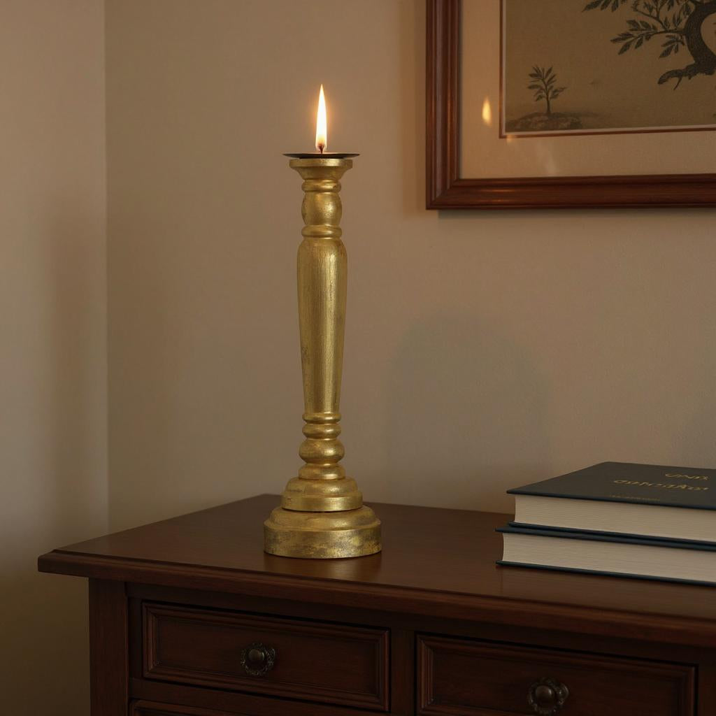 29" Gold Distressed Solid Wood Tabletop Taper Candlestick-Candle Holders-DECOROLALA