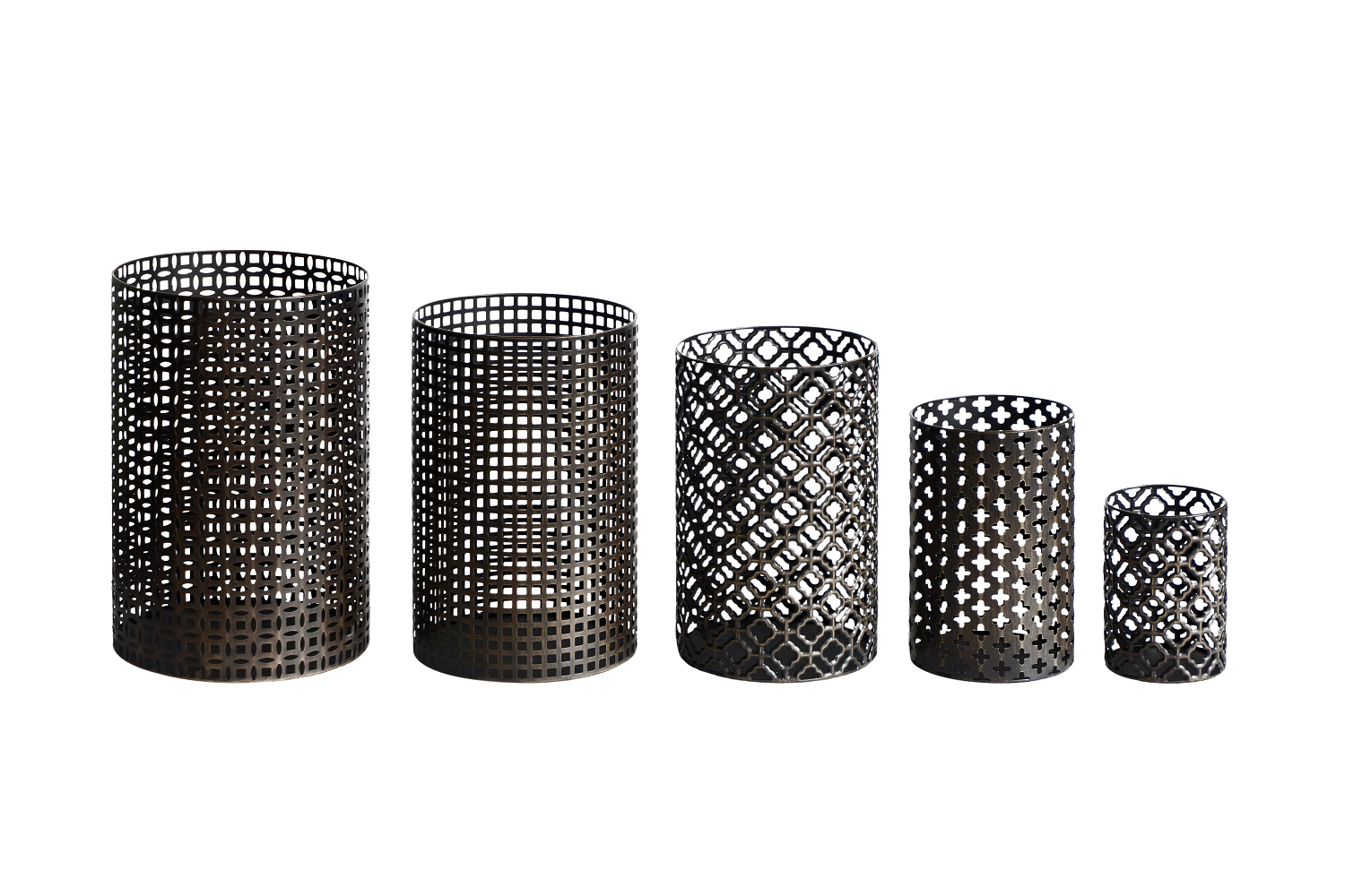 Set of Five Dark Brown Pierced Geometric Metal Tabletop Hurricane Candle Holders-Candle Holders-DECOROLALA