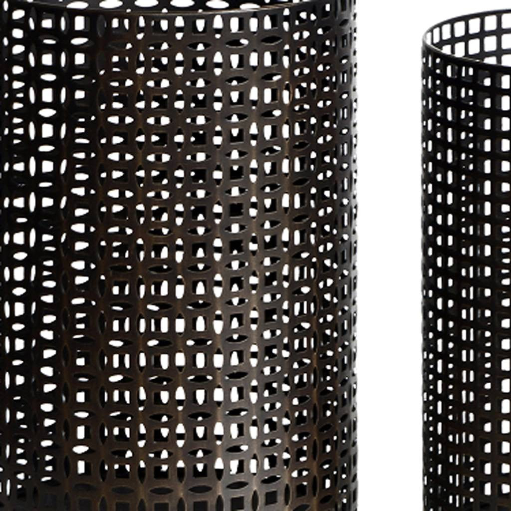 Set of Five Dark Brown Pierced Geometric Metal Tabletop Hurricane Candle Holders-Candle Holders-DECOROLALA