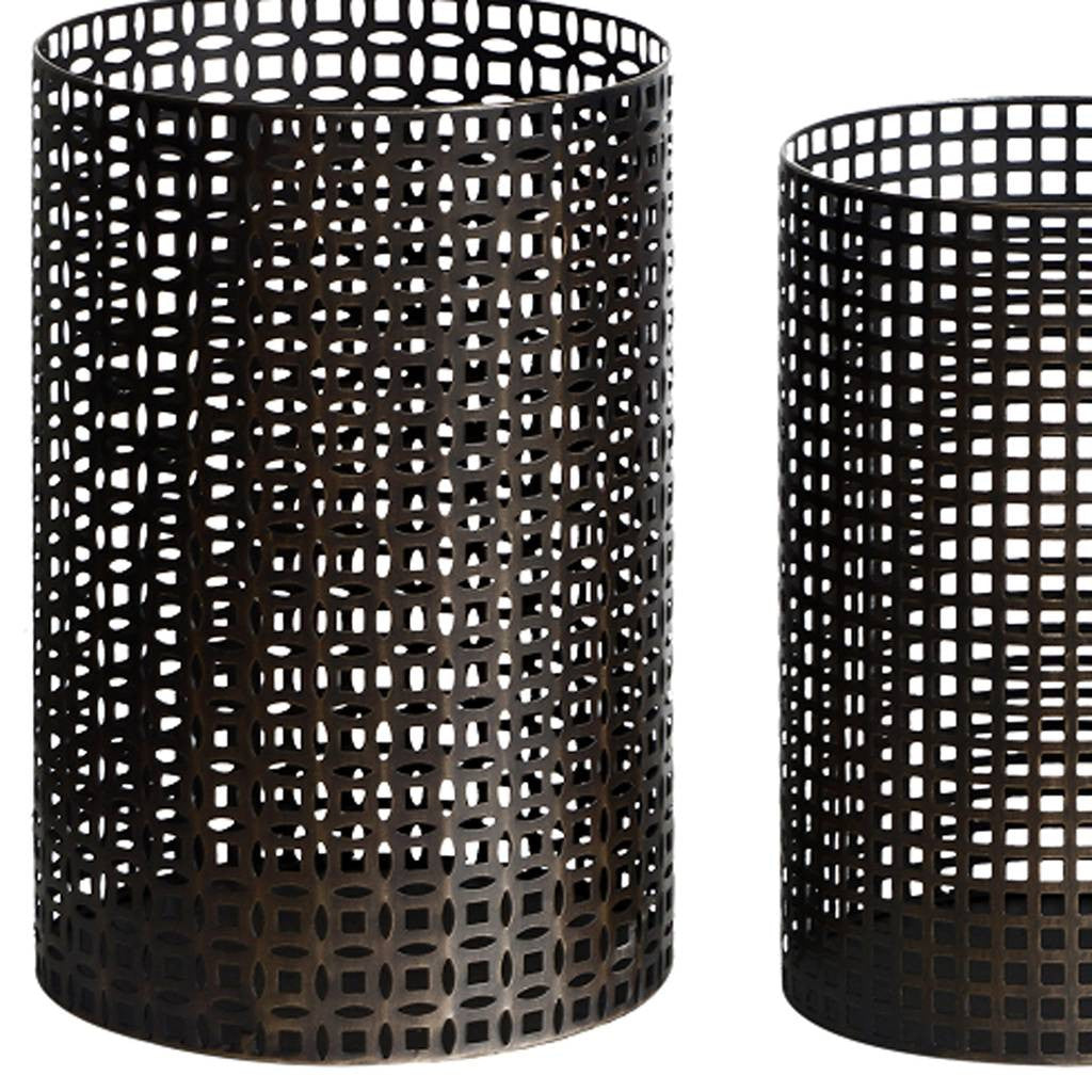 Set of Five Dark Brown Pierced Geometric Metal Tabletop Hurricane Candle Holders-Candle Holders-DECOROLALA
