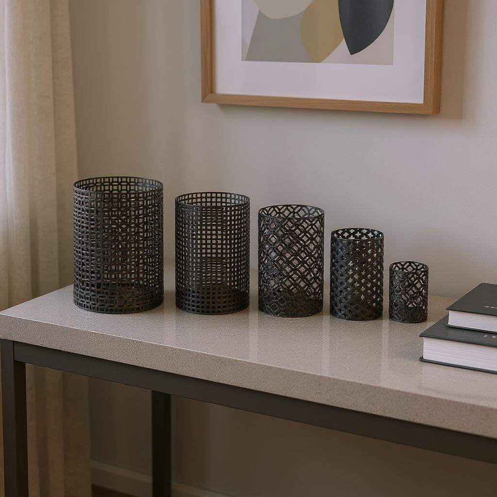 Set of Five Dark Brown Pierced Geometric Metal Tabletop Hurricane Candle Holders-Candle Holders-DECOROLALA